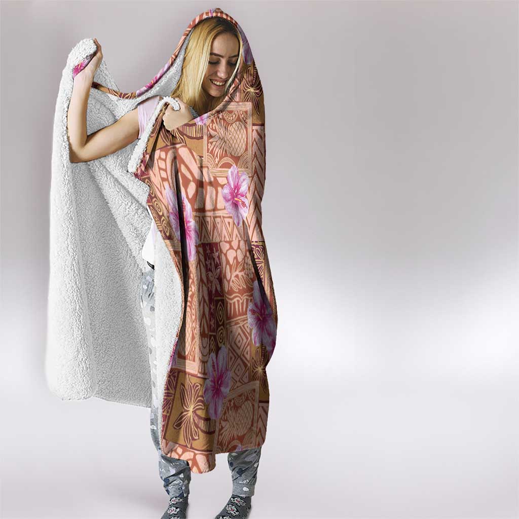 Orange Hawaii Hibiscus With Tropical Flowers Motifs Hooded Blanket - Polynesian Pride