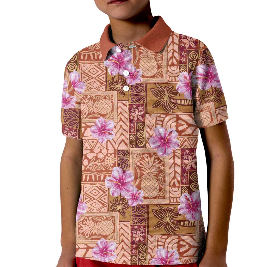 Orange Hawaii Hibiscus With Tropical Flowers Motifs Kid Polo Shirt LT14 Kid Orange - Polynesian Pride