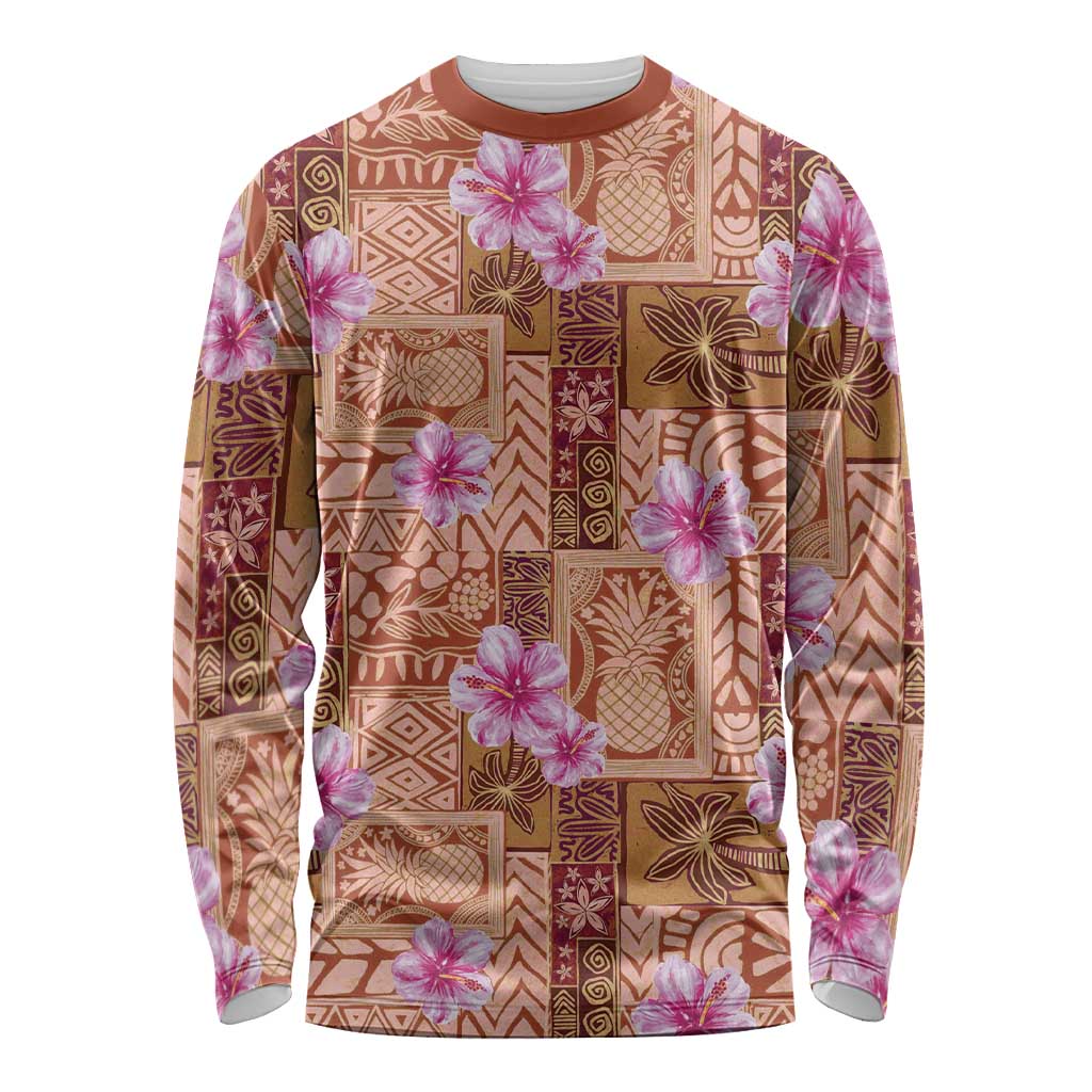 Orange Hawaii Hibiscus With Tropical Flowers Motifs Long Sleeve Shirt LT14 Unisex Orange - Polynesian Pride