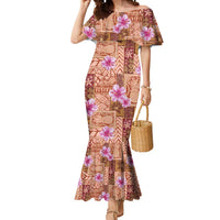 Orange Hawaii Hibiscus With Tropical Flowers Motifs Mermaid Dress - Polynesian Pride