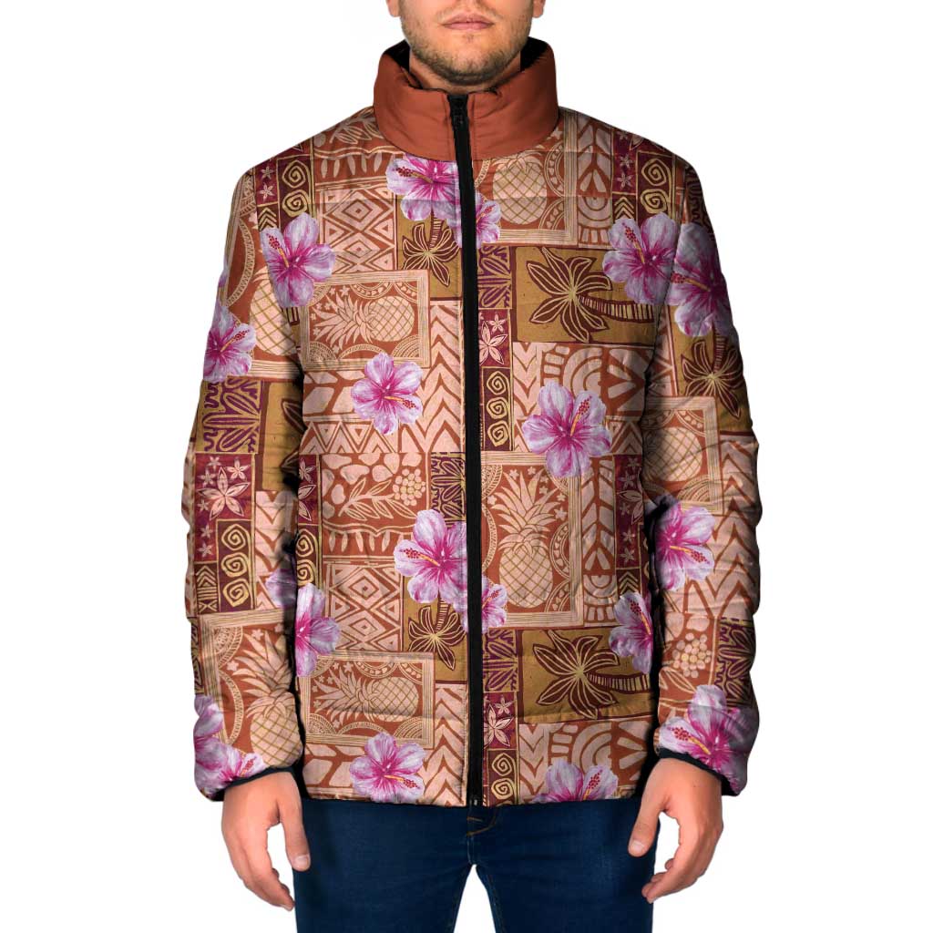 Orange Hawaii Hibiscus With Tropical Flowers Motifs Padded Jacket LT14 Men Orange - Polynesian Pride