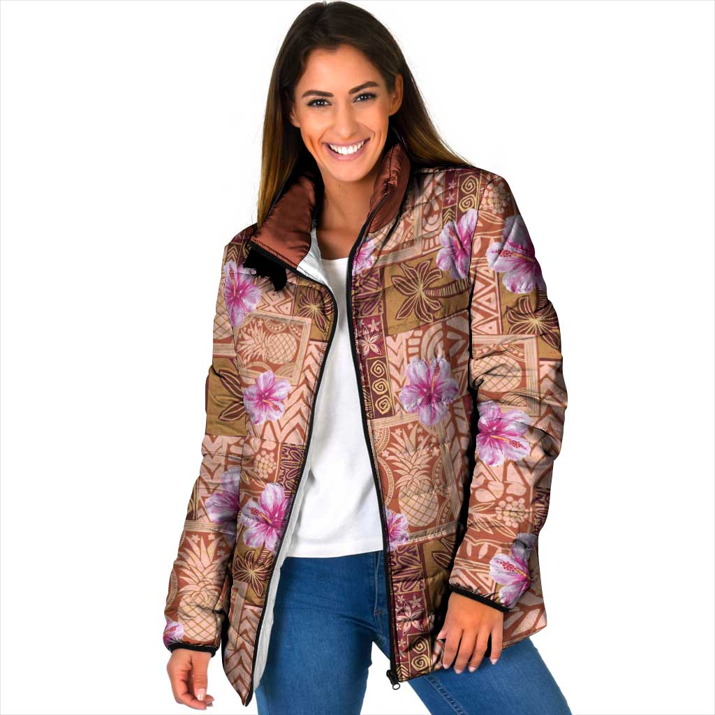 Orange Hawaii Hibiscus With Tropical Flowers Motifs Padded Jacket LT14 Women Orange - Polynesian Pride
