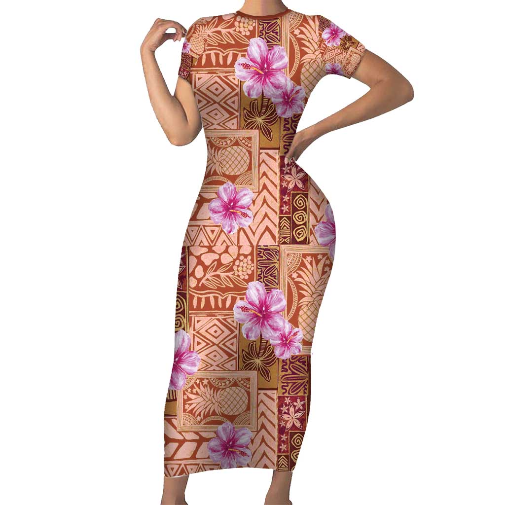 Orange Hawaii Hibiscus With Tropical Flowers Motifs Short Sleeve Bodycon Dress - Polynesian Pride