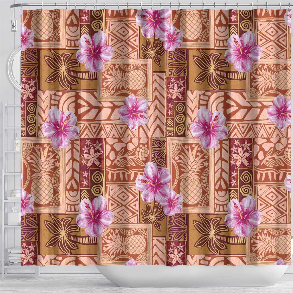 Orange Hawaii Hibiscus With Tropical Flowers Motifs Shower Curtain LT14 - Polynesian Pride