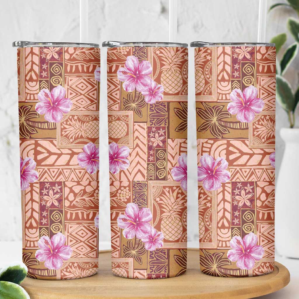 Orange Hawaii Hibiscus With Tropical Flowers Motifs Skinny Tumbler - Polynesian Pride