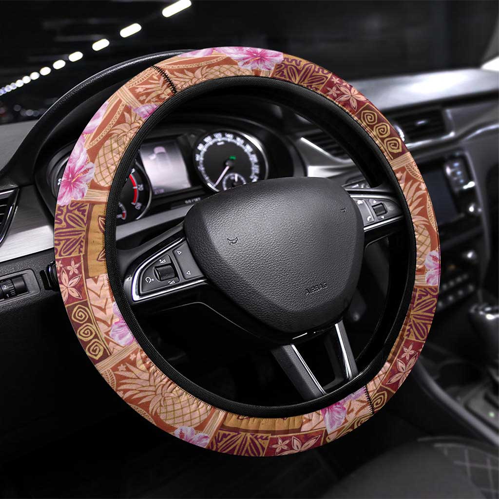 Orange Hawaii Hibiscus With Tropical Flowers Motifs Steering Wheel Cover LT14 Universal Fit Orange - Polynesian Pride