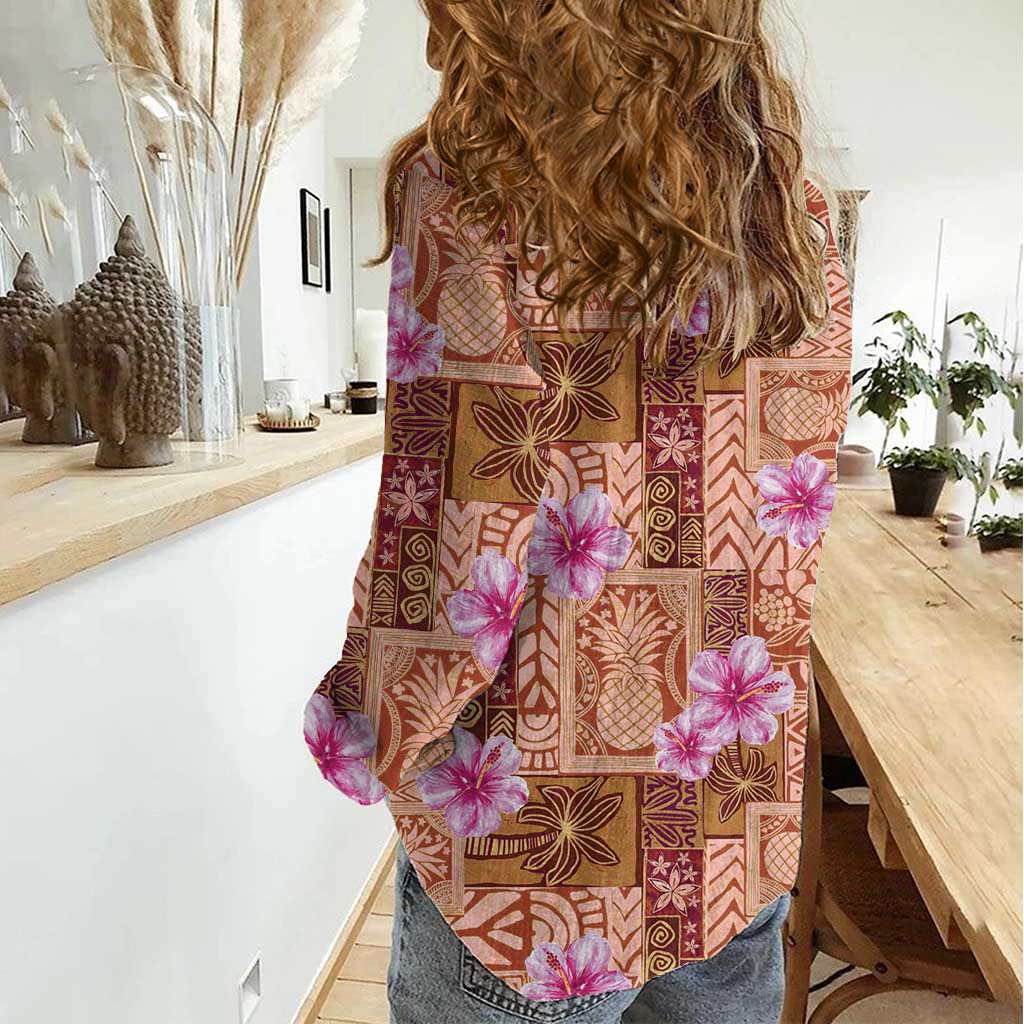 Orange Hawaii Hibiscus With Tropical Flowers Motifs Women Casual Shirt - Polynesian Pride