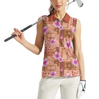 Orange Hawaii Hibiscus With Tropical Flowers Motifs Women Sleeveless Polo Shirt - Polynesian Pride