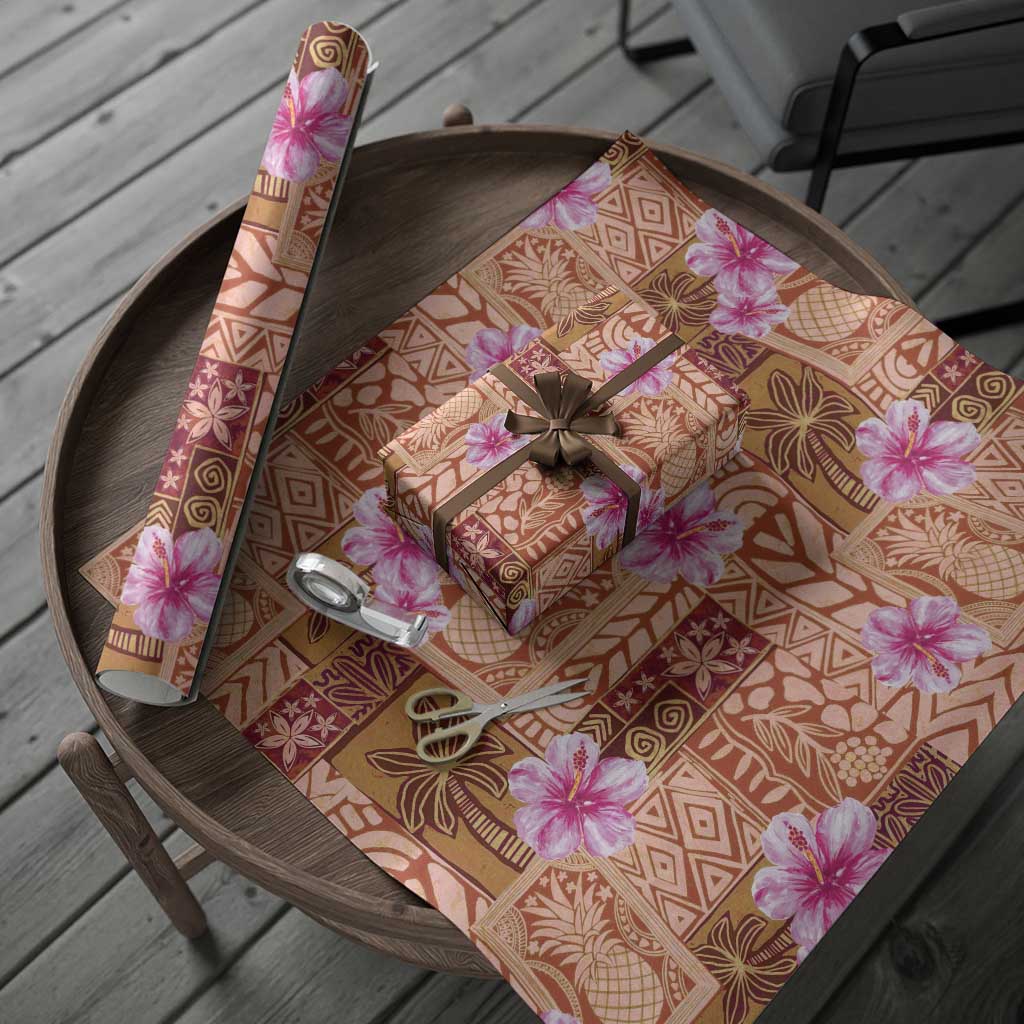 Orange Hawaii Hibiscus With Tropical Flowers Motifs Wrapping Paper - Polynesian Pride