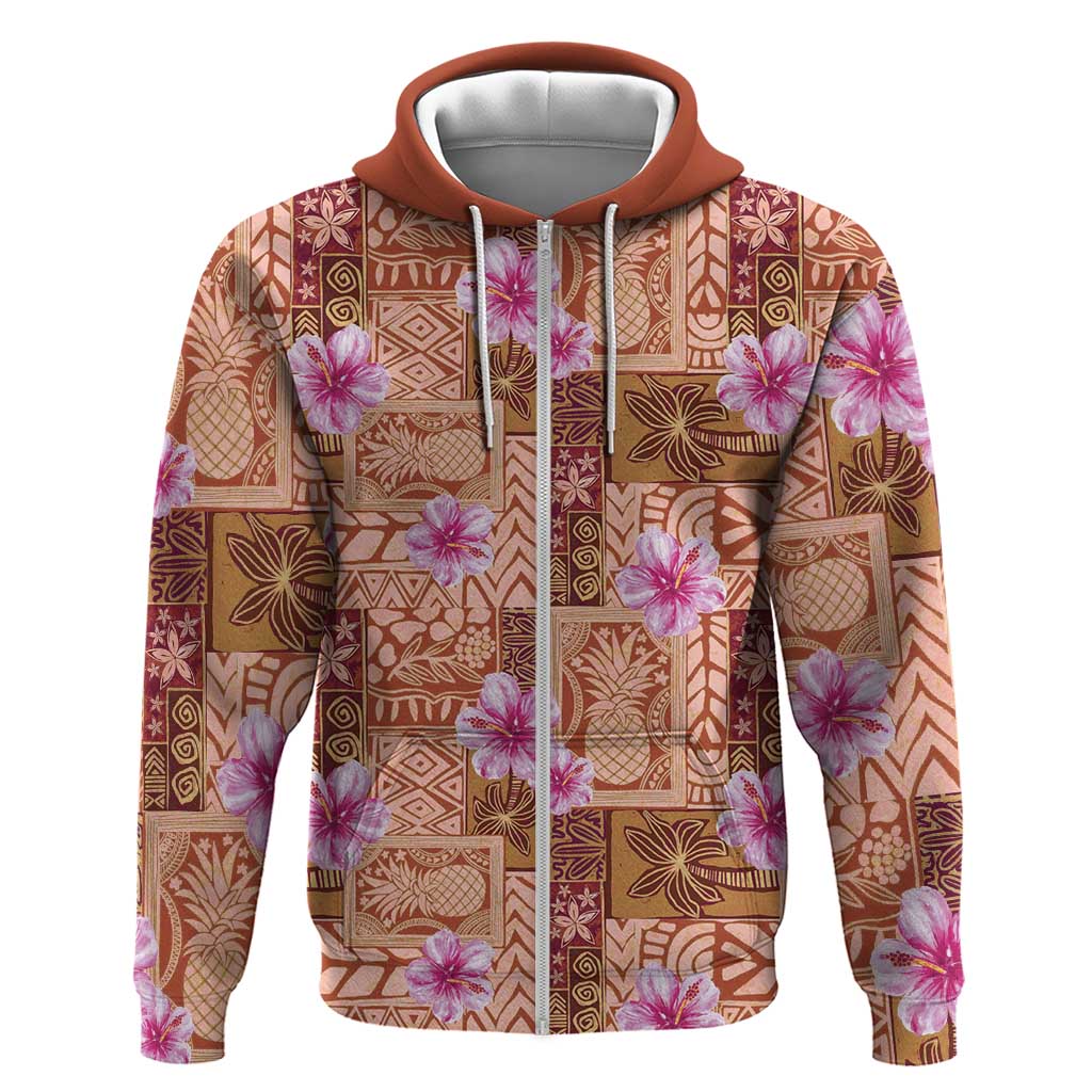 Orange Hawaii Hibiscus With Tropical Flowers Motifs Zip Hoodie LT14 Zip Hoodie Orange - Polynesian Pride