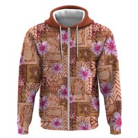 Orange Hawaii Hibiscus With Tropical Flowers Motifs Zip Hoodie LT14 Zip Hoodie Orange - Polynesian Pride
