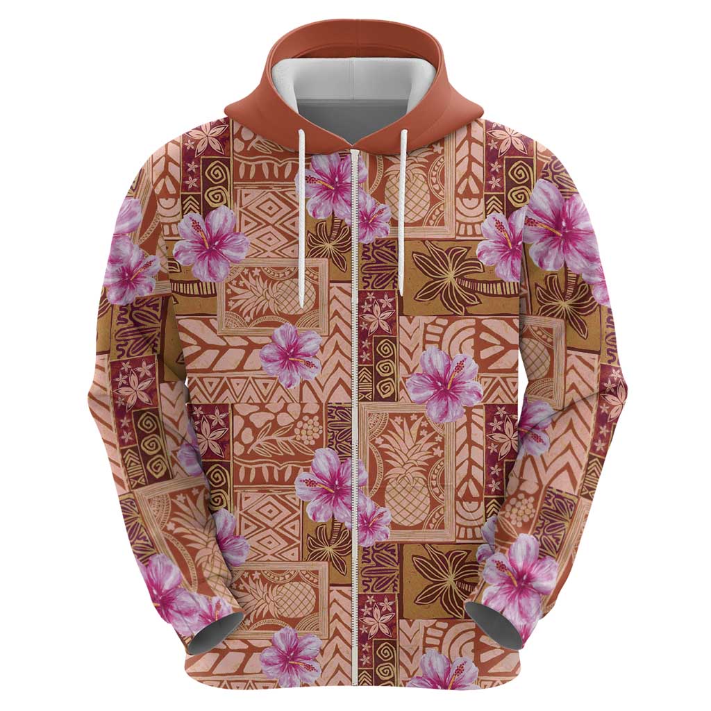 Orange Hawaii Hibiscus With Tropical Flowers Motifs Zip Hoodie LT14 - Polynesian Pride