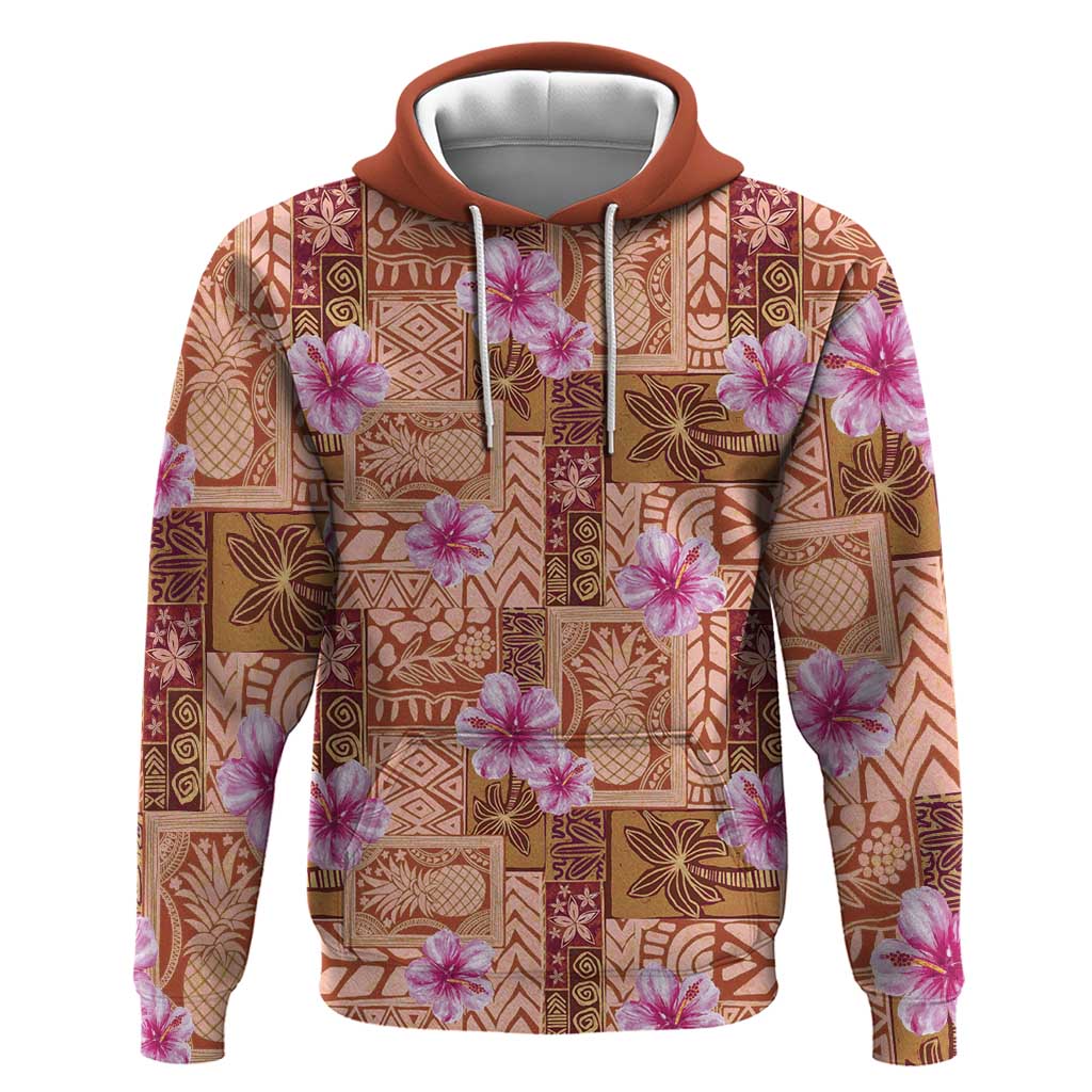 Orange Hawaii Hibiscus With Tropical Flowers Motifs Zip Hoodie LT14 Pullover Hoodie Orange - Polynesian Pride