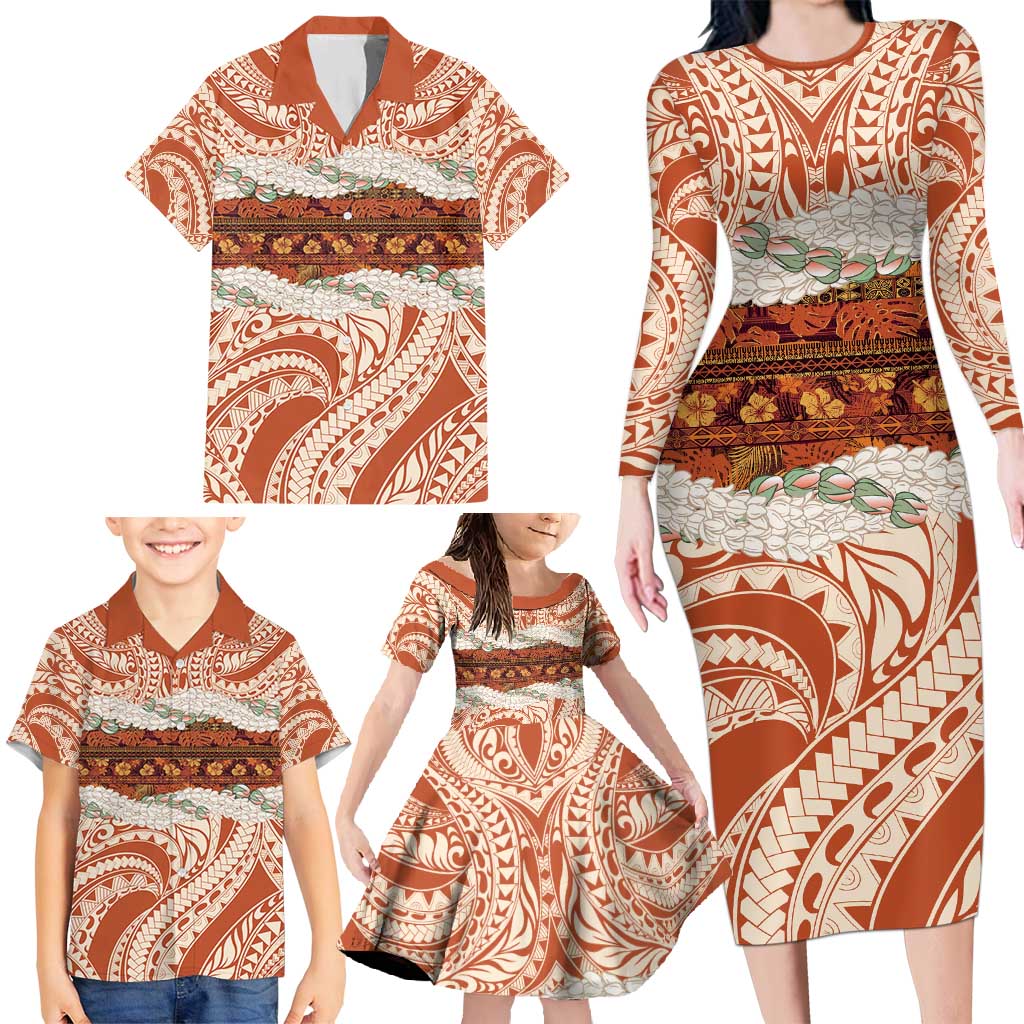 Aloha Hawaii Mikioi Lei Family Matching Long Sleeve Bodycon Dress and Hawaiian Shirt Beige Tropical Flower Pattern LT14 - Polynesian Pride