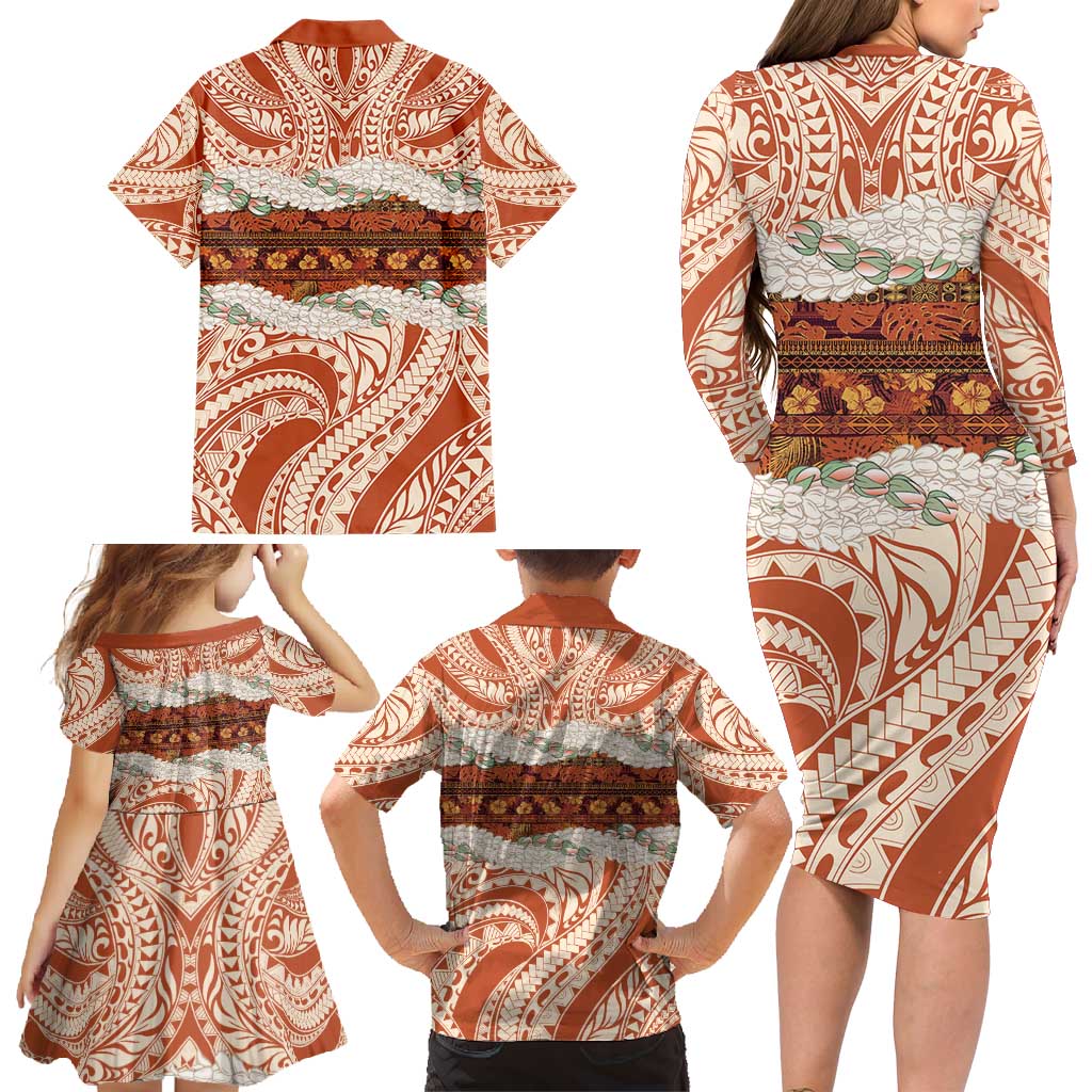 Aloha Hawaii Mikioi Lei Family Matching Long Sleeve Bodycon Dress and Hawaiian Shirt Beige Tropical Flower Pattern LT14 - Polynesian Pride