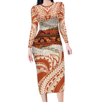 Aloha Hawaii Mikioi Lei Family Matching Long Sleeve Bodycon Dress and Hawaiian Shirt Beige Tropical Flower Pattern LT14 Mom's Dress Beige - Polynesian Pride