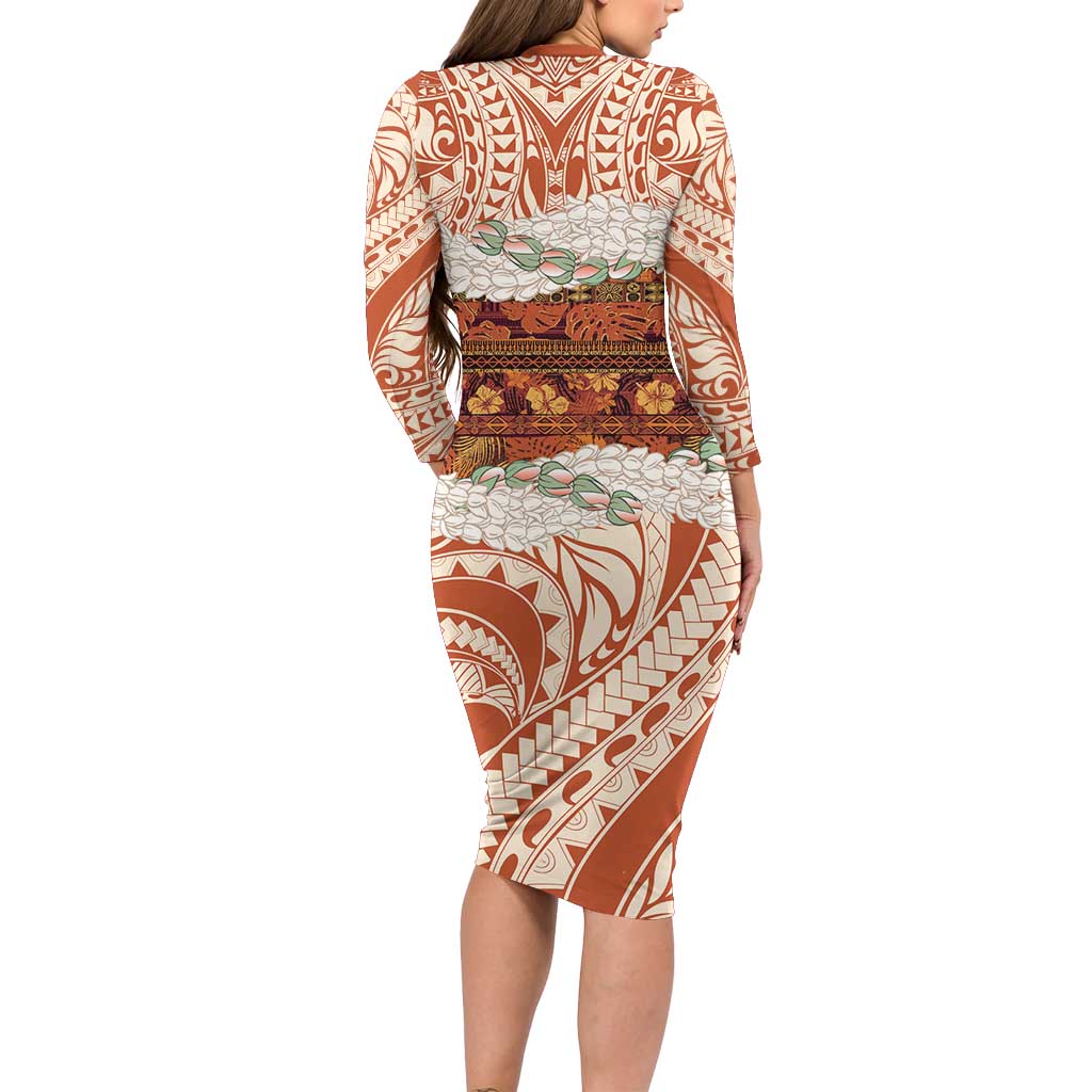 Aloha Hawaii Mikioi Lei Family Matching Long Sleeve Bodycon Dress and Hawaiian Shirt Beige Tropical Flower Pattern LT14 - Polynesian Pride