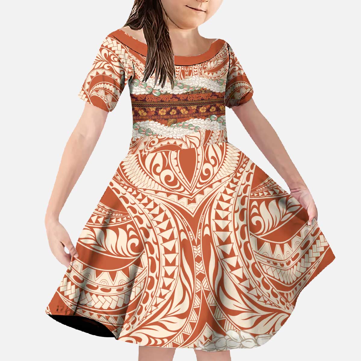 Aloha Hawaii Mikioi Lei Family Matching Off The Shoulder Long Sleeve Dress and Hawaiian Shirt Beige Tropical Flower Pattern LT14 Daughter's Dress Beige - Polynesian Pride