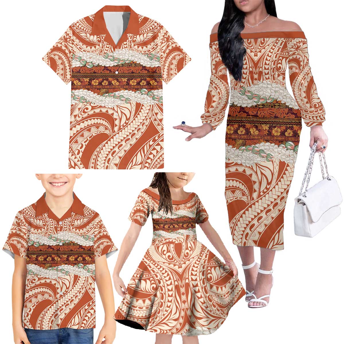Aloha Hawaii Mikioi Lei Family Matching Off The Shoulder Long Sleeve Dress and Hawaiian Shirt Beige Tropical Flower Pattern LT14 - Polynesian Pride