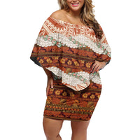 Aloha Hawaii Mikioi Lei Family Matching Off Shoulder Short Dress and Hawaiian Shirt Beige Tropical Flower Pattern - Polynesian Pride