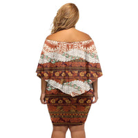 Aloha Hawaii Mikioi Lei Family Matching Off Shoulder Short Dress and Hawaiian Shirt Beige Tropical Flower Pattern - Polynesian Pride