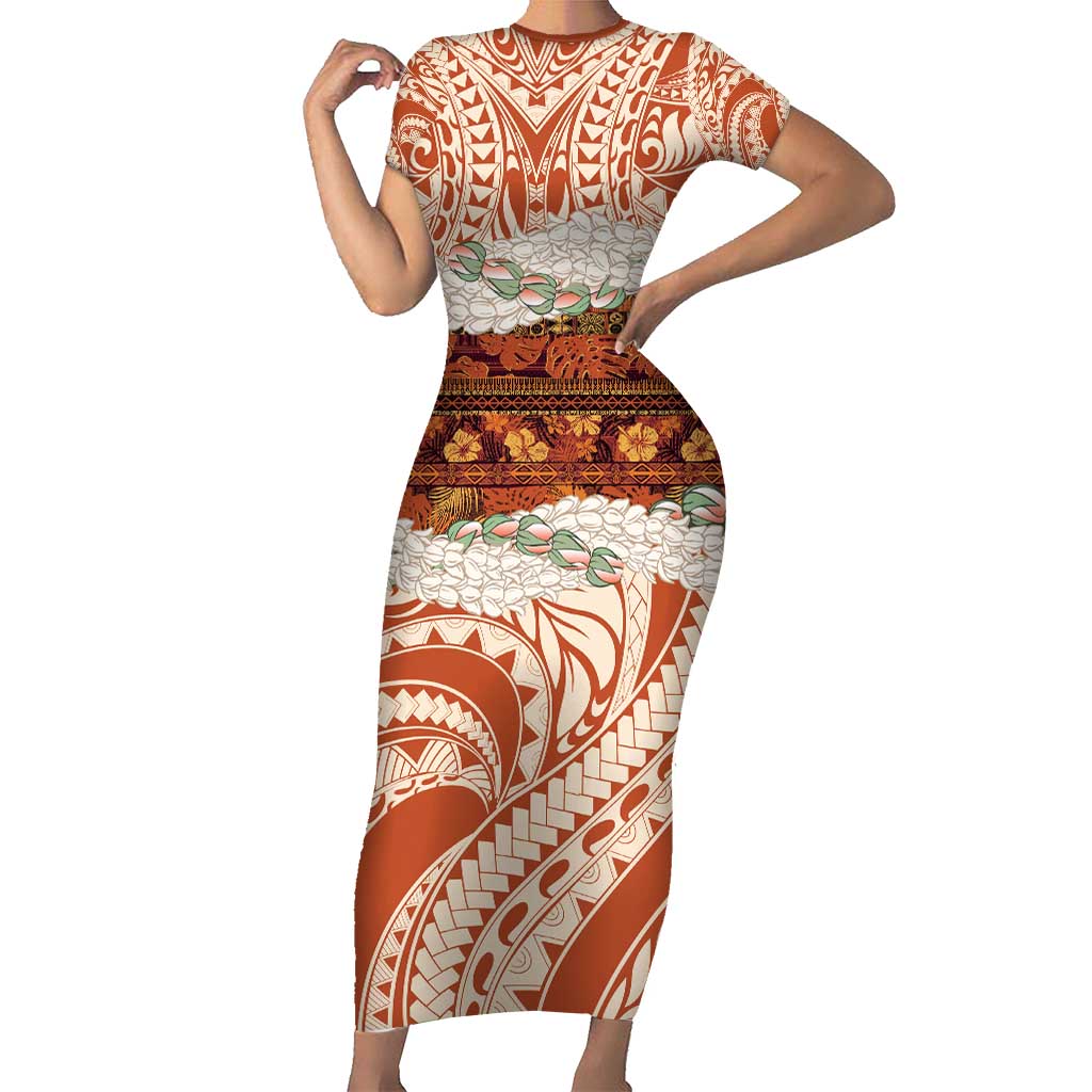 Aloha Hawaii Mikioi Lei Family Matching Short Sleeve Bodycon Dress and Hawaiian Shirt Beige Tropical Flower Pattern LT14 Mom's Dress Beige - Polynesian Pride