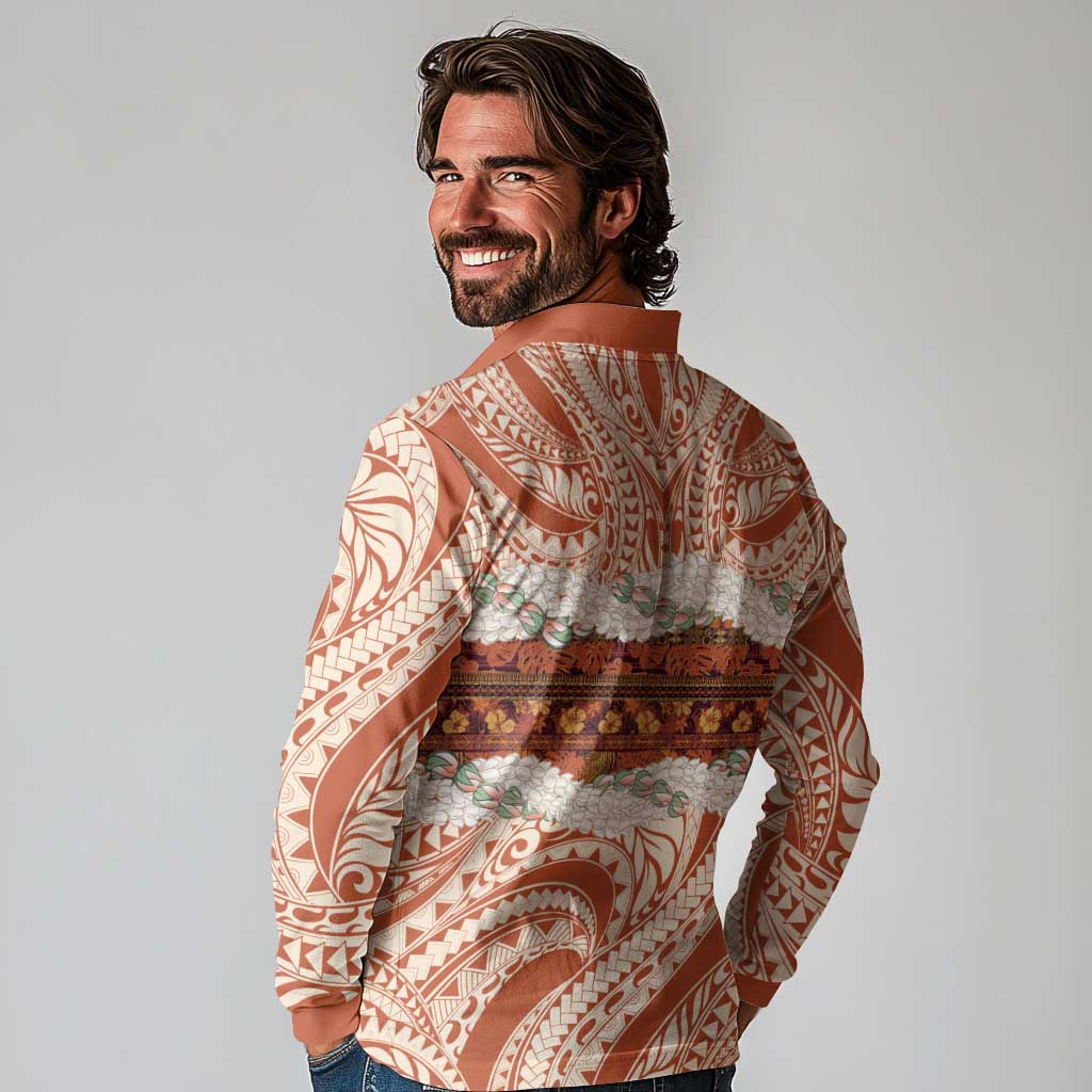 Aloha Hawaii Mikioi Lei Long Sleeve Polo Shirt Beige Tropical Flower Pattern - Polynesian Pride