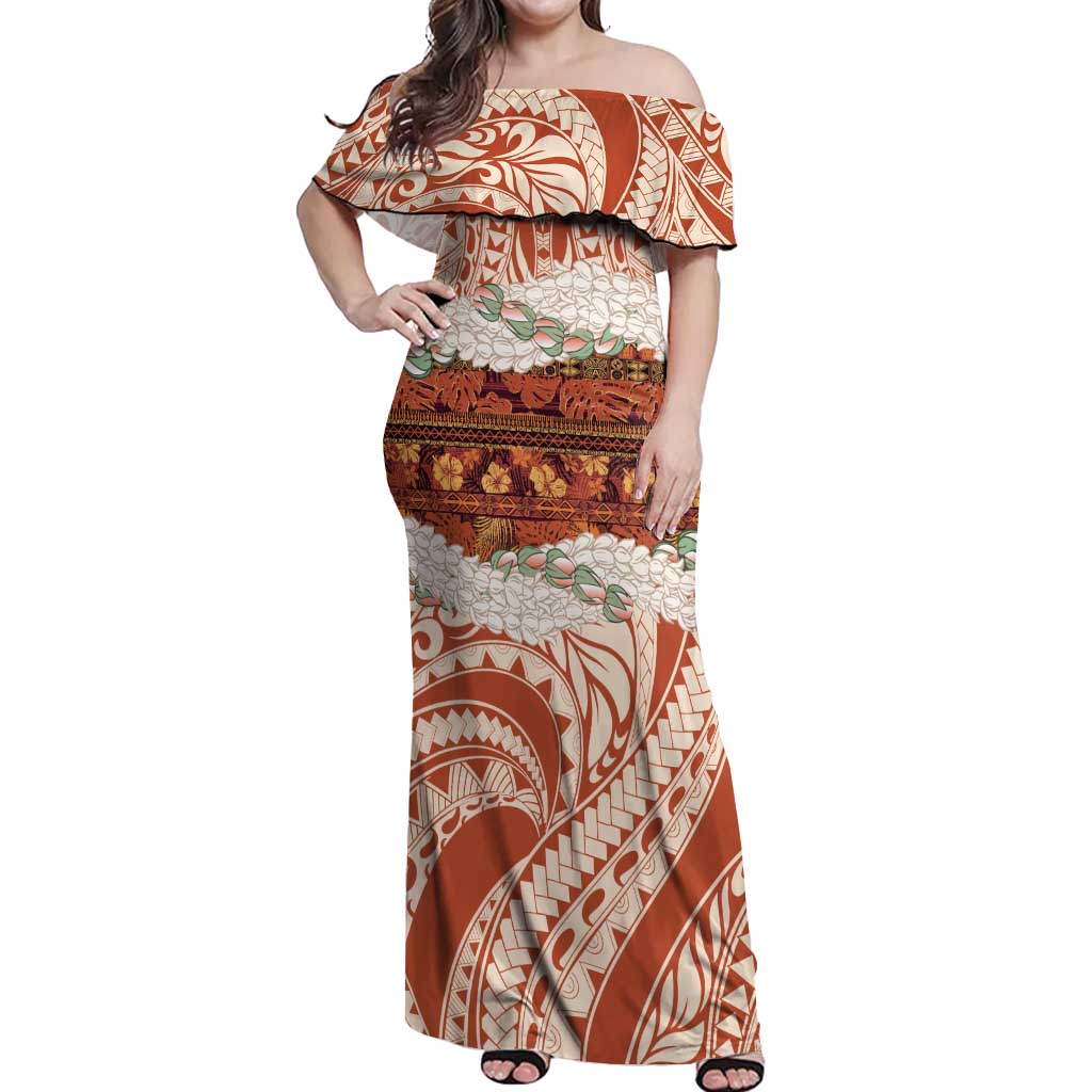 Aloha Hawaii Mikioi Lei Off Shoulder Maxi Dress Beige Tropical Flower Pattern - Polynesian Pride