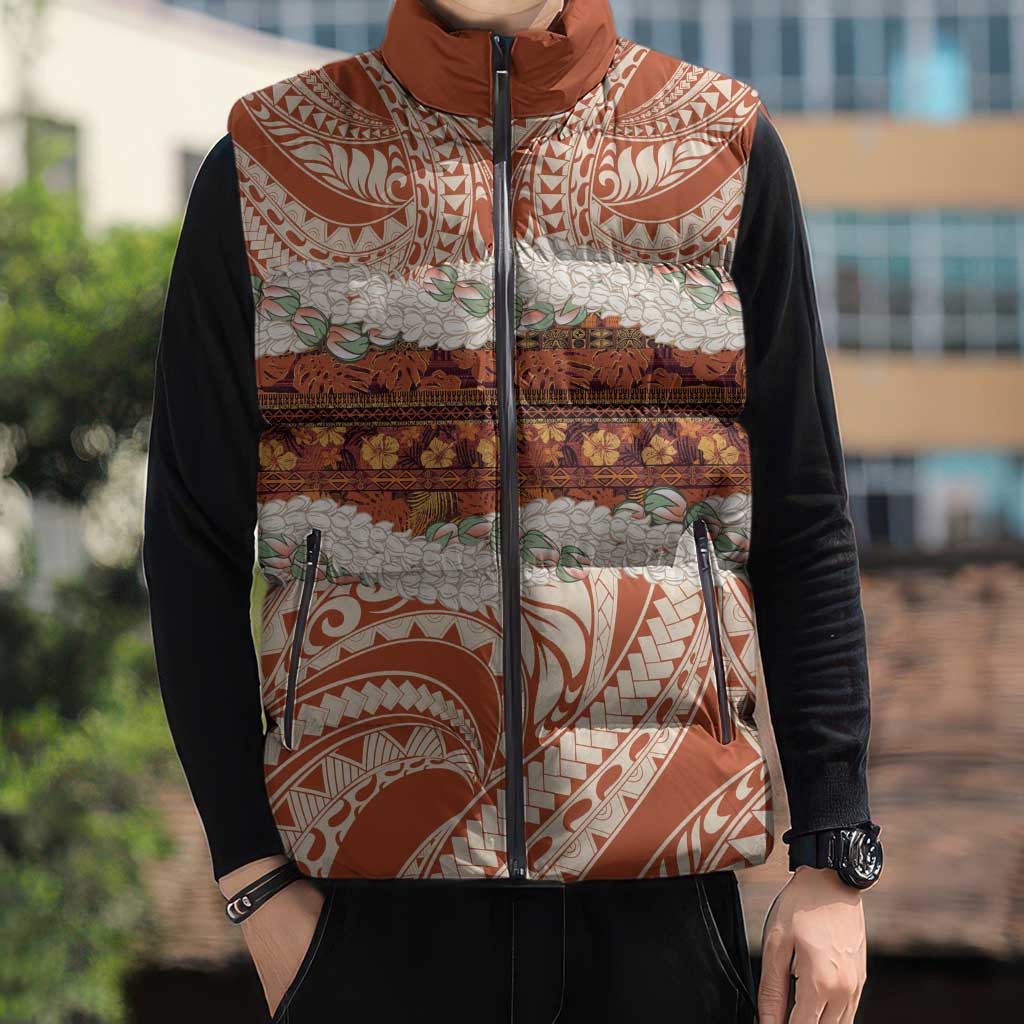 Aloha Hawaii Mikioi Lei Sleeveless Puffer Jacket Beige Tropical Flower Pattern - Polynesian Pride