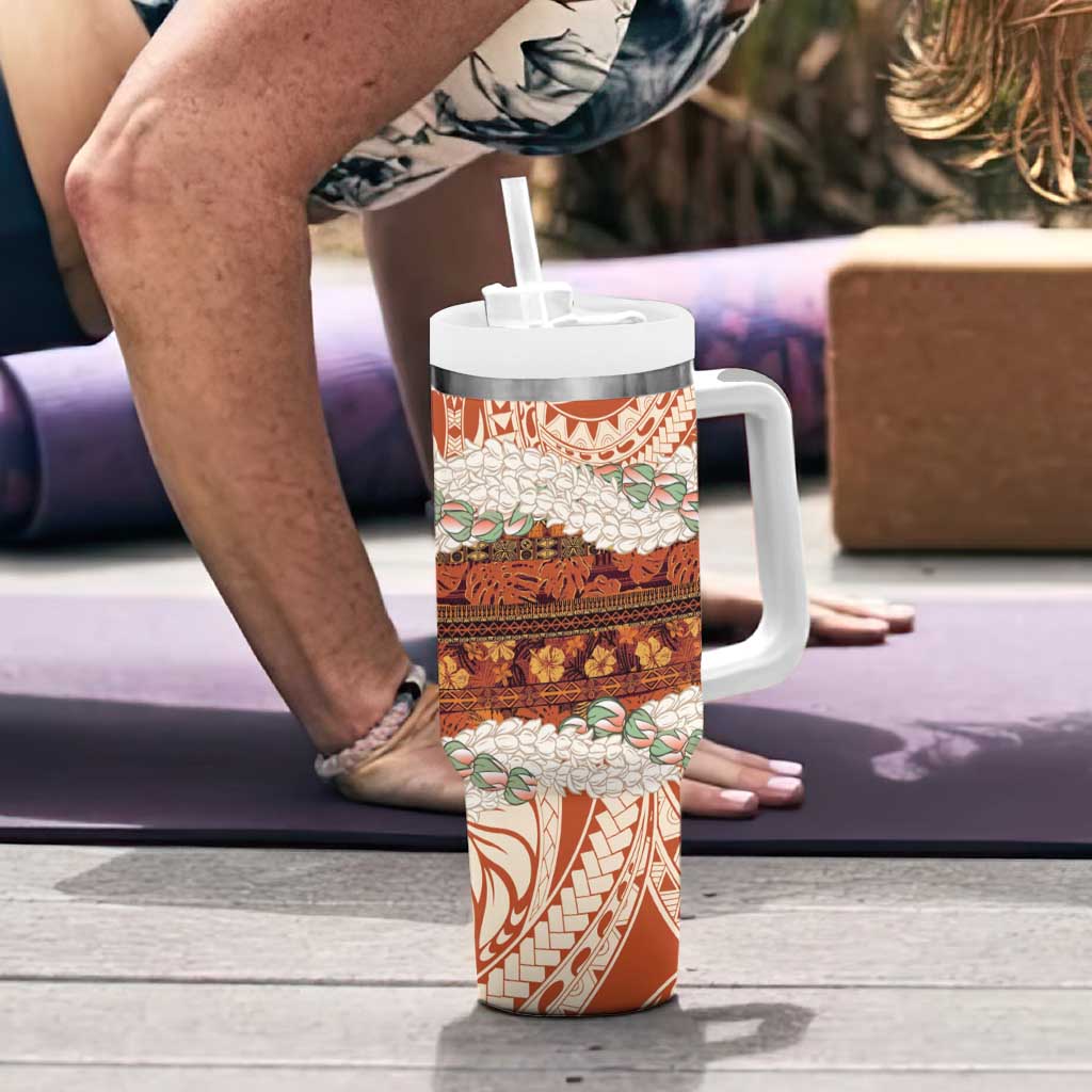Aloha Hawaii Mikioi Lei Tumbler With Handle Beige Tropical Flower Pattern - Polynesian Pride