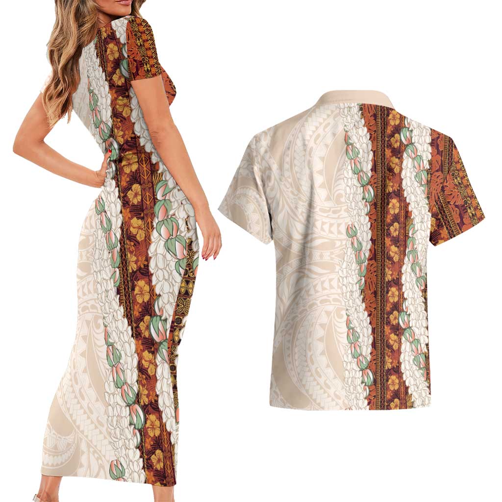 Aloha Hawaii Mikioi Lei Couples Matching Short Sleeve Bodycon Dress and Hawaiian Shirt Cattail Red Tropical Flower Pattern - Polynesian Pride