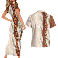Aloha Hawaii Mikioi Lei Couples Matching Short Sleeve Bodycon Dress and Hawaiian Shirt Cattail Red Tropical Flower Pattern - Polynesian Pride