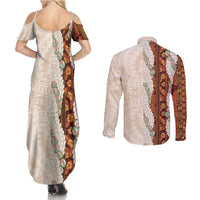 Aloha Hawaii Mikioi Lei Couples Matching Summer Maxi Dress and Long Sleeve Button Shirt Cattail Red Tropical Flower Pattern - Polynesian Pride