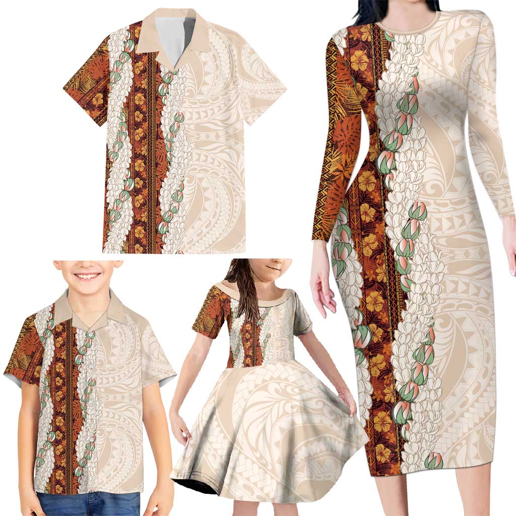 Aloha Hawaii Mikioi Lei Family Matching Long Sleeve Bodycon Dress and Hawaiian Shirt Cattail Red Tropical Flower Pattern LT14 - Polynesian Pride