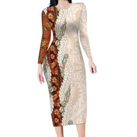 Aloha Hawaii Mikioi Lei Family Matching Long Sleeve Bodycon Dress and Hawaiian Shirt Cattail Red Tropical Flower Pattern LT14 Mom's Dress Cattail Red - Polynesian Pride