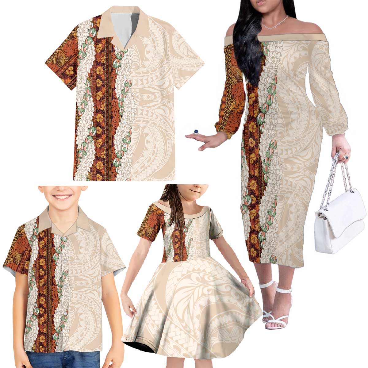 Aloha Hawaii Mikioi Lei Family Matching Off The Shoulder Long Sleeve Dress and Hawaiian Shirt Cattail Red Tropical Flower Pattern LT14 - Polynesian Pride