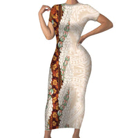 Aloha Hawaii Mikioi Lei Family Matching Short Sleeve Bodycon Dress and Hawaiian Shirt Cattail Red Tropical Flower Pattern LT14 Mom's Dress Cattail Red - Polynesian Pride