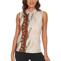 Aloha Hawaii Mikioi Lei Women Sleeveless Polo Shirt Cattail Red Tropical Flower Pattern - Polynesian Pride