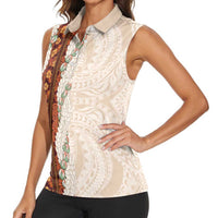 Aloha Hawaii Mikioi Lei Women Sleeveless Polo Shirt Cattail Red Tropical Flower Pattern - Polynesian Pride