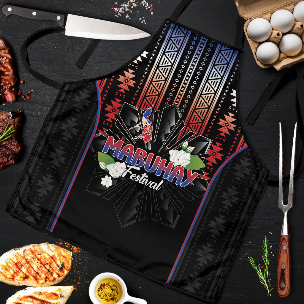 Mabuhay Philippines Festival Apron Filipino Map Sampaguita Igorot Pattern LT14 Black - Polynesian Pride