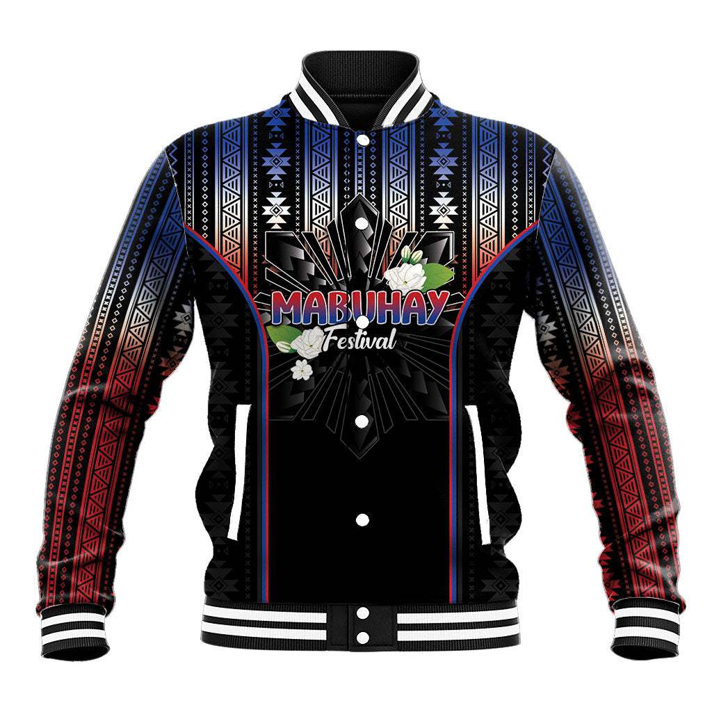Mabuhay Philippines Festival Baseball Jacket Filipino Map Sampaguita Igorot Pattern LT14 Unisex Black - Polynesian Pride