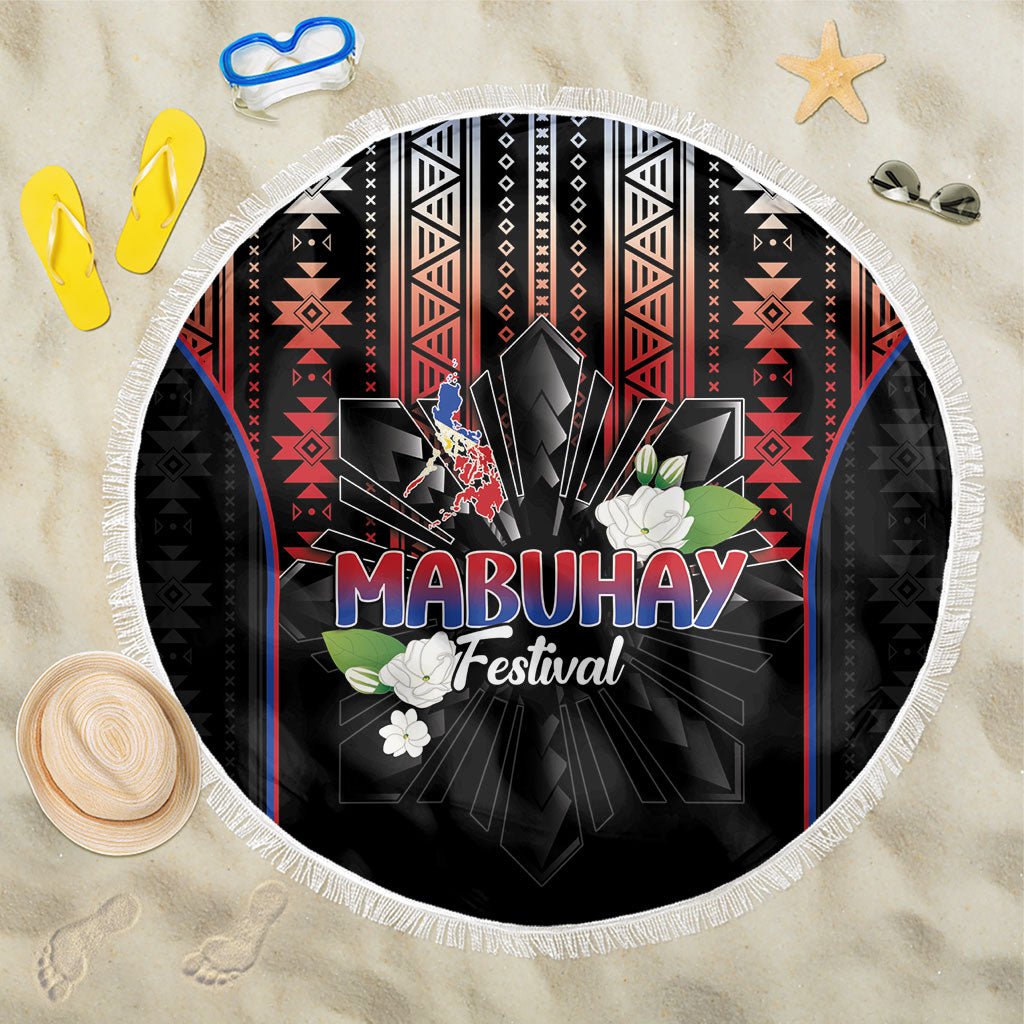 Mabuhay Philippines Festival Beach Blanket Filipino Map Sampaguita Igorot Pattern LT14 One Size 150cm Black - Polynesian Pride