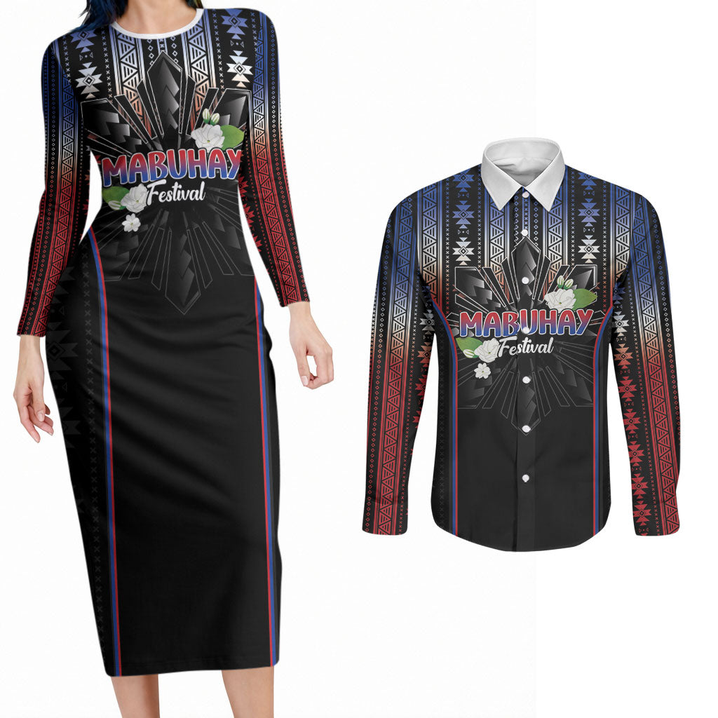 Mabuhay Philippines Festival Couples Matching Long Sleeve Bodycon Dress and Long Sleeve Button Shirt Filipino Map Sampaguita Igorot Pattern LT14 Black - Polynesian Pride
