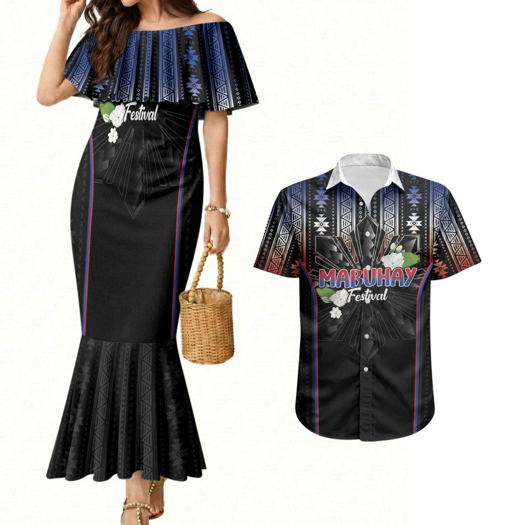 Mabuhay Philippines Festival Couples Matching Mermaid Dress and Hawaiian Shirt Filipino Map Sampaguita Igorot Pattern LT14 Black - Polynesian Pride