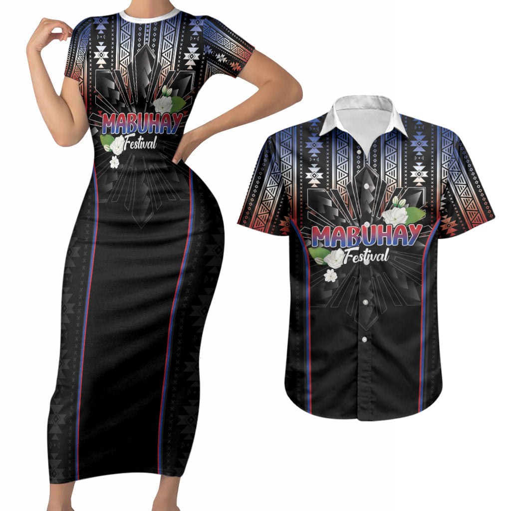 Mabuhay Philippines Festival Couples Matching Short Sleeve Bodycon Dress and Hawaiian Shirt Filipino Map Sampaguita Igorot Pattern LT14 Black - Polynesian Pride
