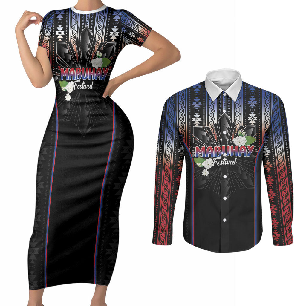 Mabuhay Philippines Festival Couples Matching Short Sleeve Bodycon Dress and Long Sleeve Button Shirt Filipino Map Sampaguita Igorot Pattern LT14 Black - Polynesian Pride
