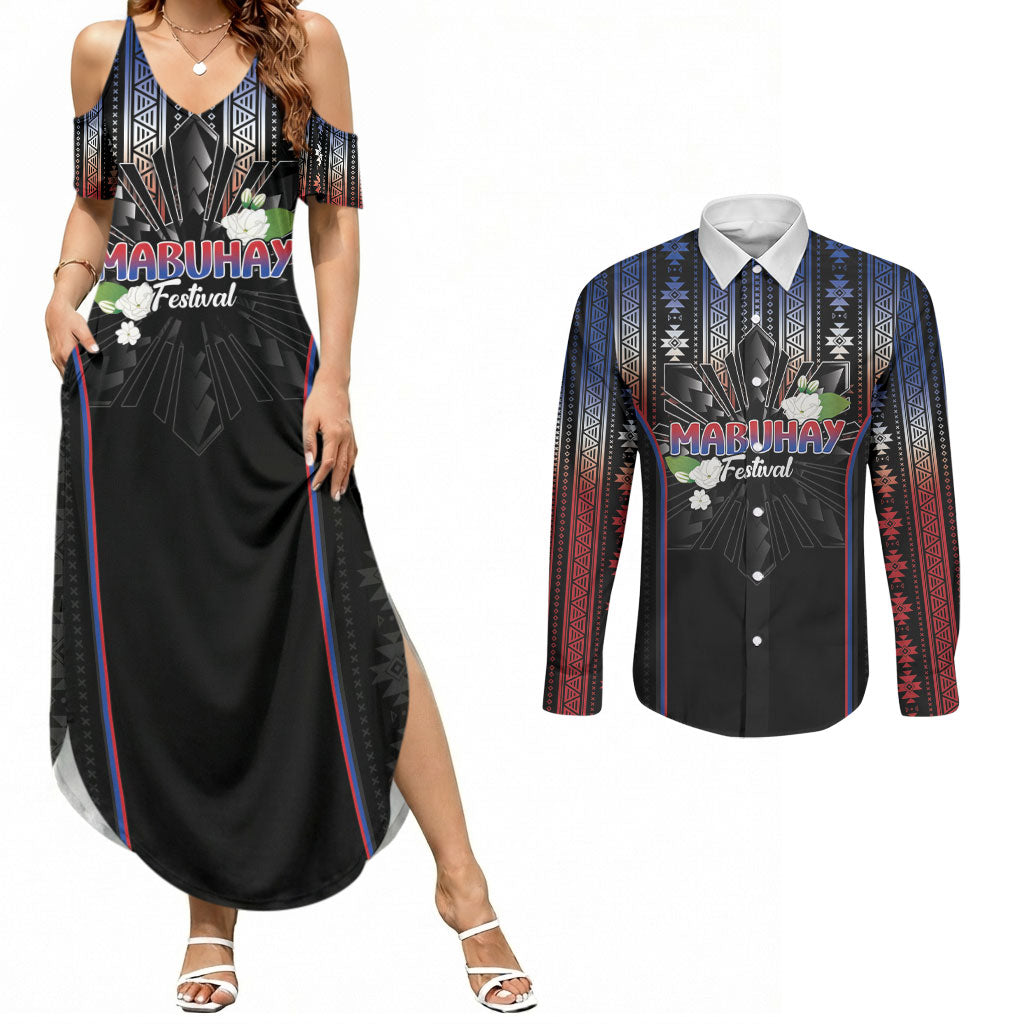 Mabuhay Philippines Festival Couples Matching Summer Maxi Dress and Long Sleeve Button Shirt Filipino Map Sampaguita Igorot Pattern LT14 Black - Polynesian Pride