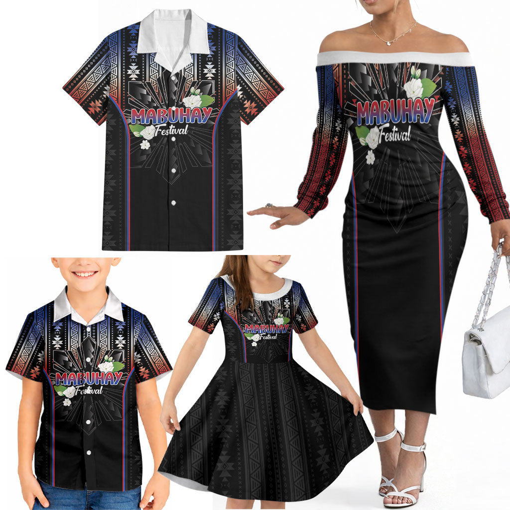 Mabuhay Philippines Festival Family Matching Off The Shoulder Long Sleeve Dress and Hawaiian Shirt Filipino Map Sampaguita Igorot Pattern LT14 - Polynesian Pride