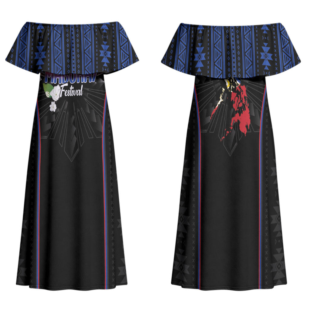Mabuhay Philippines Festival Family Matching Off Shoulder Maxi Dress and Hawaiian Shirt Filipino Map Sampaguita Igorot Pattern LT14 Mom's Dress Black - Polynesian Pride