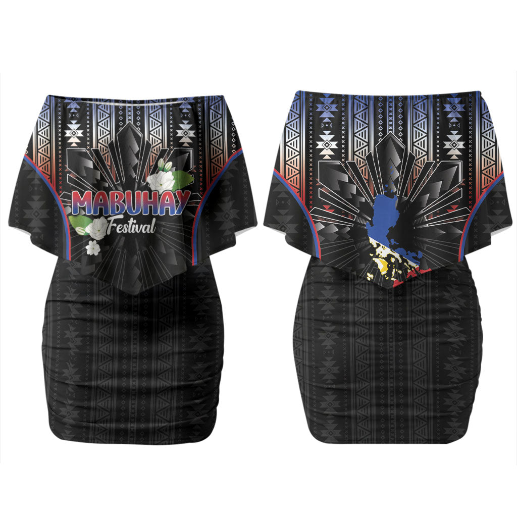 Mabuhay Philippines Festival Family Matching Off Shoulder Short Dress and Hawaiian Shirt Filipino Map Sampaguita Igorot Pattern LT14 Mom's Dress Black - Polynesian Pride